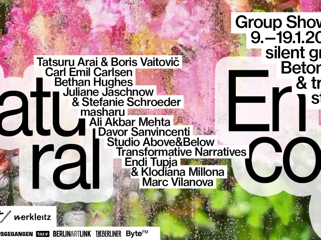 Key Visual der Gruppenausstellung UnNatural Encounters mit Aufz&auml;hlung der K&uuml;nstler*innen sowie Logos der Kooperations- und Medienpartner